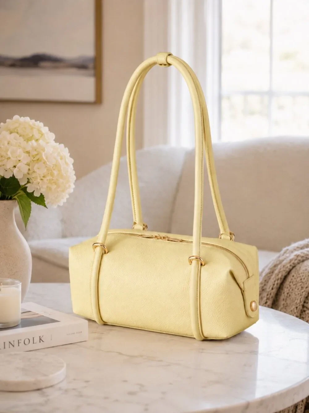 Italian Leather Barrel Bag, Butter Yellow East-West Shoulder Purse